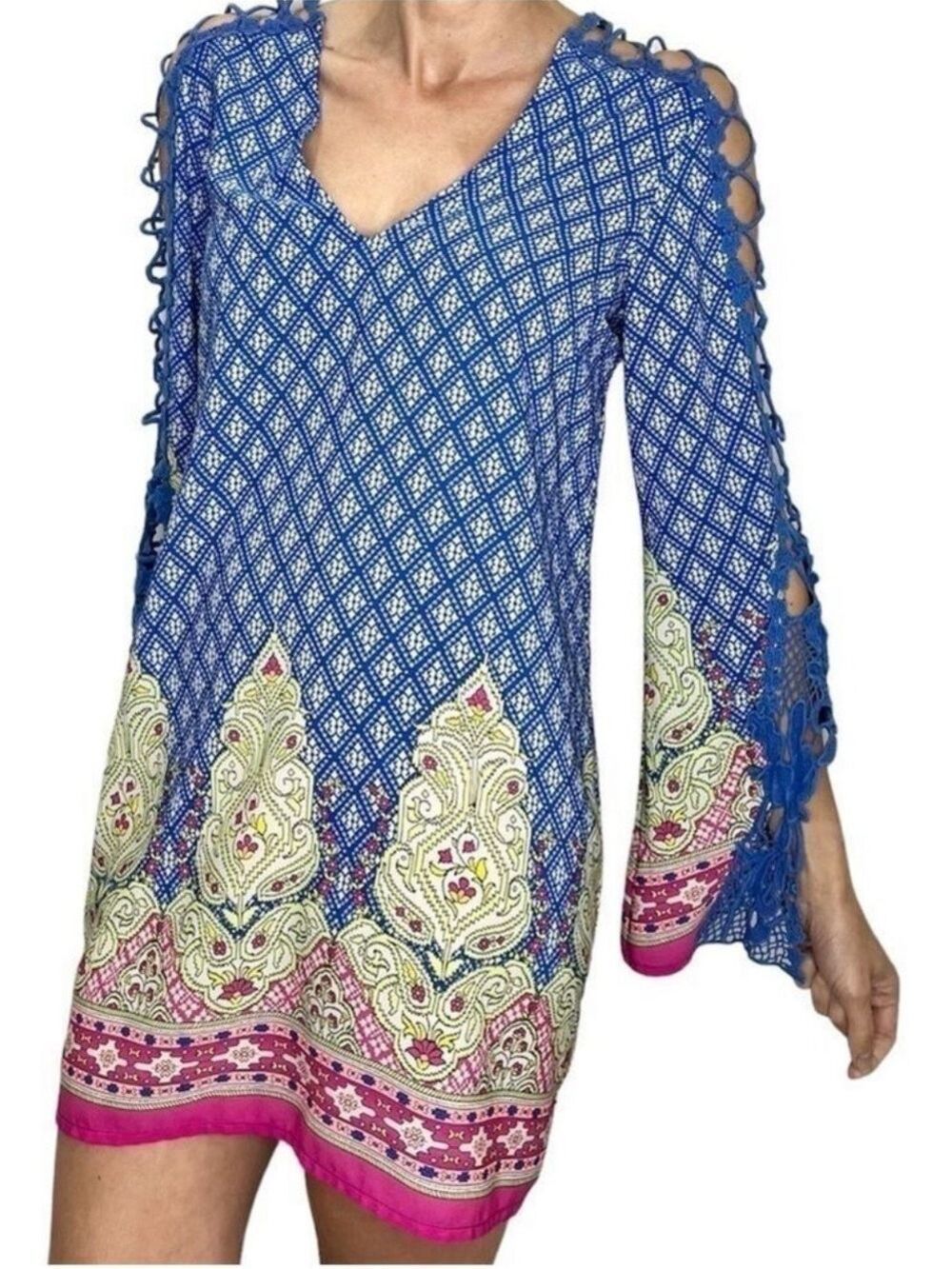 Enzo Loco Couture Paris blue pink paisley crochet bell sleeve boho mini dress